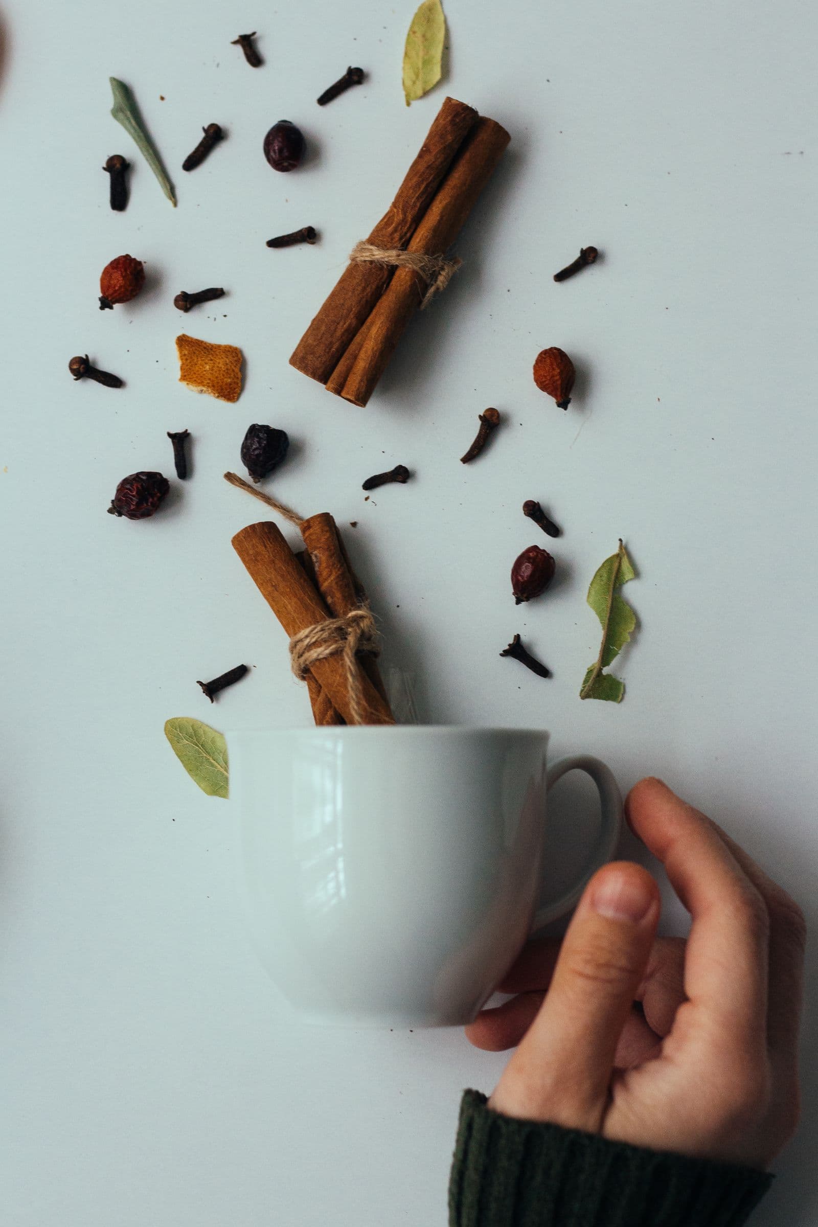 Paus de canela e cravos-da-índia ao lado de uma xícara